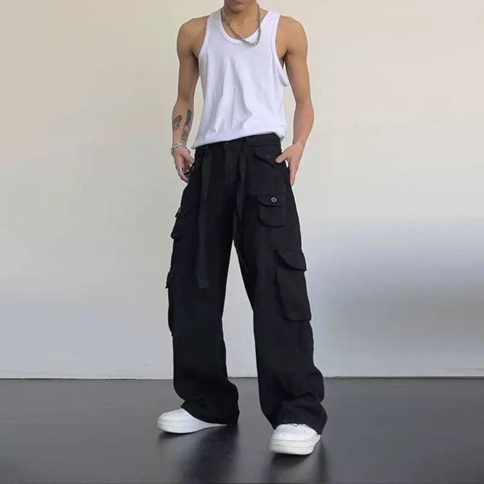 (black, L) High Street Retro Cargo Pants Casual Large Pocket Overalls Men&apos;s High Waist Loose Straight Wide Leg Trousers