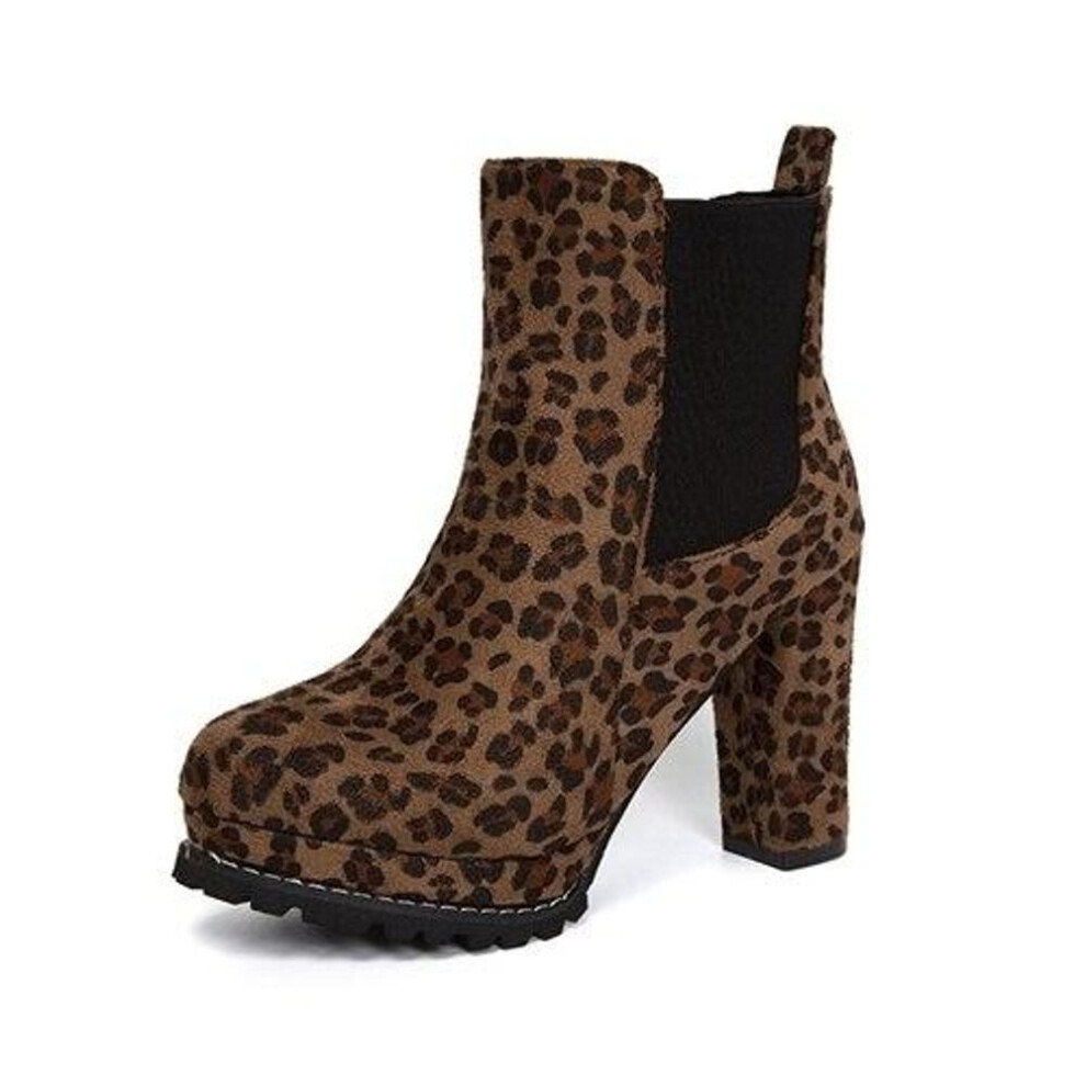 (leopard, 37) Women Chelsea Boots Autumn Woman Flock Platform High Heel Winter Ladies Leopard Shoes Female Footwear Plus Size Ankle Boots