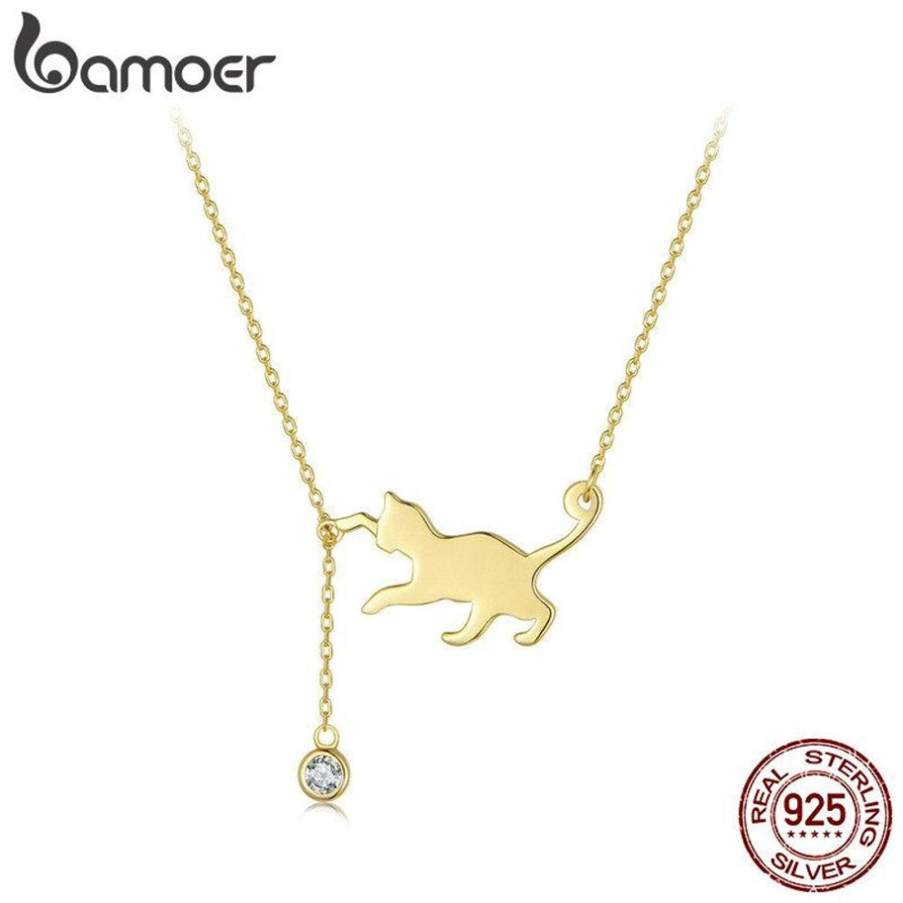 (rose gold) Bamoer Genuine 925 Sterling Silver Cute Pet Pussy Cat Chain Pendant Necklace Women Silver Jewelry
