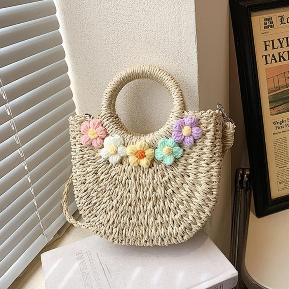 (beige, 17*7*20cm) Handmade Half-Round Rattan Woven Straw Bag Summer Women Top Handle Handbags Totes Girls Beach Handbag Spring Picnic Bohemian Bag