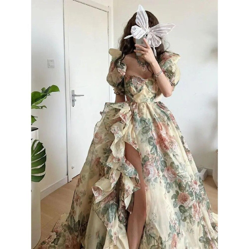 (khaki, S) Floral Print Evening Party Dress Women 2024 Puff Sleeve Elegant Princess Long Dres Ladies France Vintage Open Fork Dress Summer