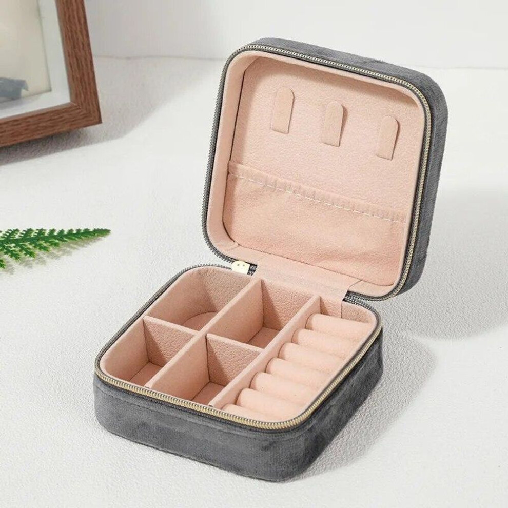 (Grey) Velvet Jewelry Box For Women Necklace Ring Earrings Organizer Holder Travel Portable Zipper Square Jewelry Storage Case