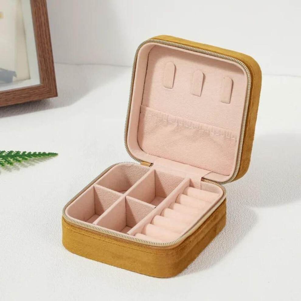 (Orange) Velvet Jewelry Box For Women Necklace Ring Earrings Organizer Holder Travel Portable Zipper Square Jewelry Storage Case