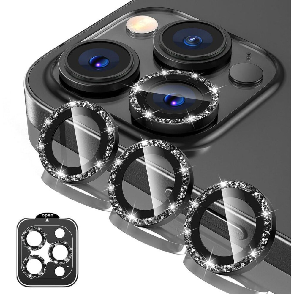 (Black, For iPhone 14) Glitter Camera Lens Protector Tempered Glass Cover For iPhone 15 Pro Max 14 Plus 13 Mini 12 11 15Pro 14Pro 13Pro 12Pro Protection Phone Accessories