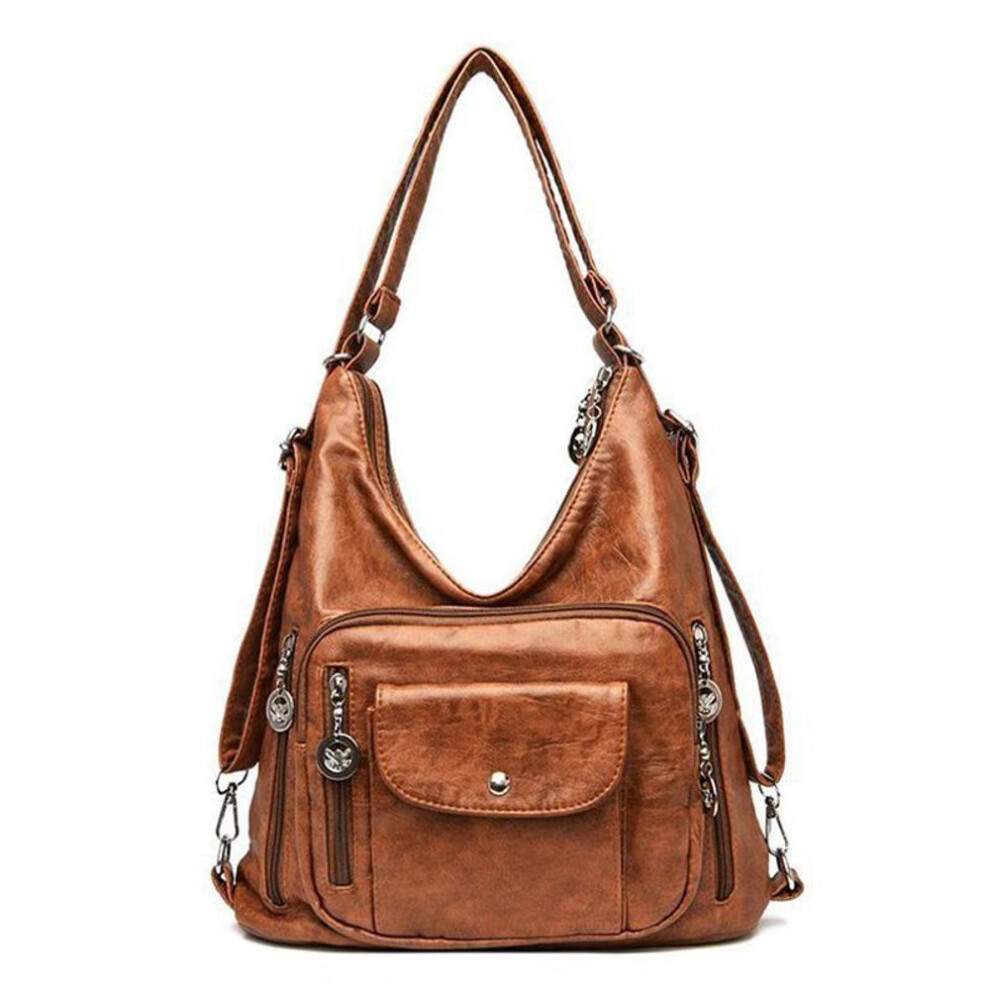 (brown, 32*13*33cm) Yogodlns Retro Leather Shoulder Bag Female Multi-pockets Crossbody Bag Fashion Large Capacity Handbag New Messenger Bag Tote