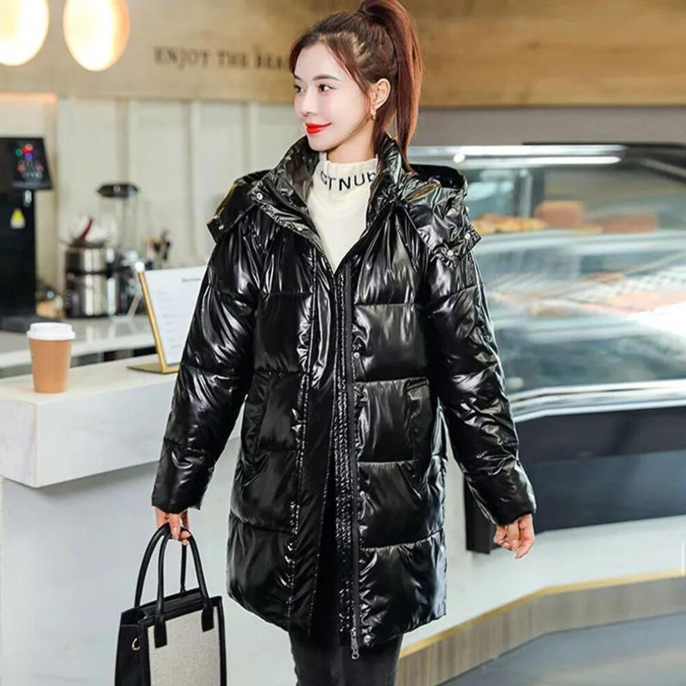 (black, M) Down Cotton Jacket Winter Thicken Warm Loose Fashion Color Glossy Disposable Stand Collar Mid-length Cotton Jacket Women