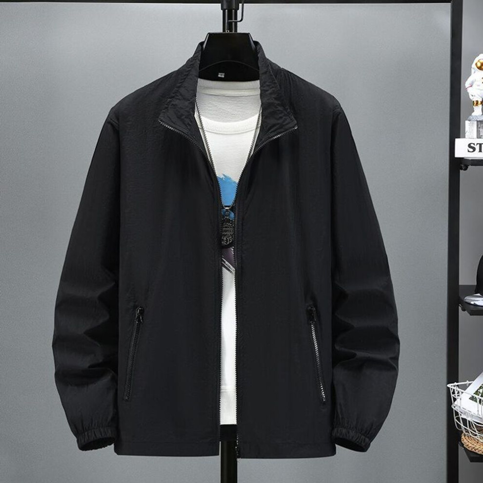 (black, S) Men's Summer Standing Collar Plus Size Sunscreen Jacket Solid Color Lightweight Thin Section Simple Daily Jacket