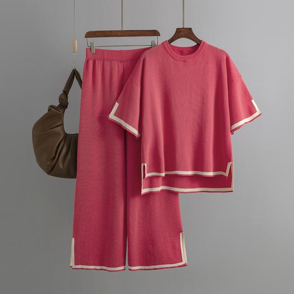 (rose red, One size) New Fashion Sweater Set Temperament Contrast Color Split Short-sleeved Knitwear + High Waist Slimming Wide-leg Trousers Long Pants Two-piece Set
