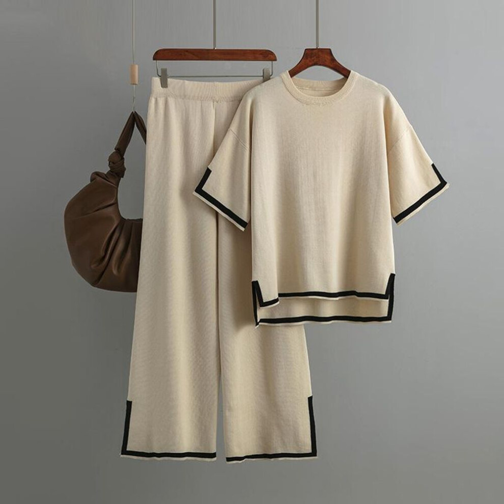 (apricot, One size) New Fashion Sweater Set Temperament Contrast Color Split Short-sleeved Knitwear + High Waist Slimming Wide-leg Trousers Long Pants Two-piece Set