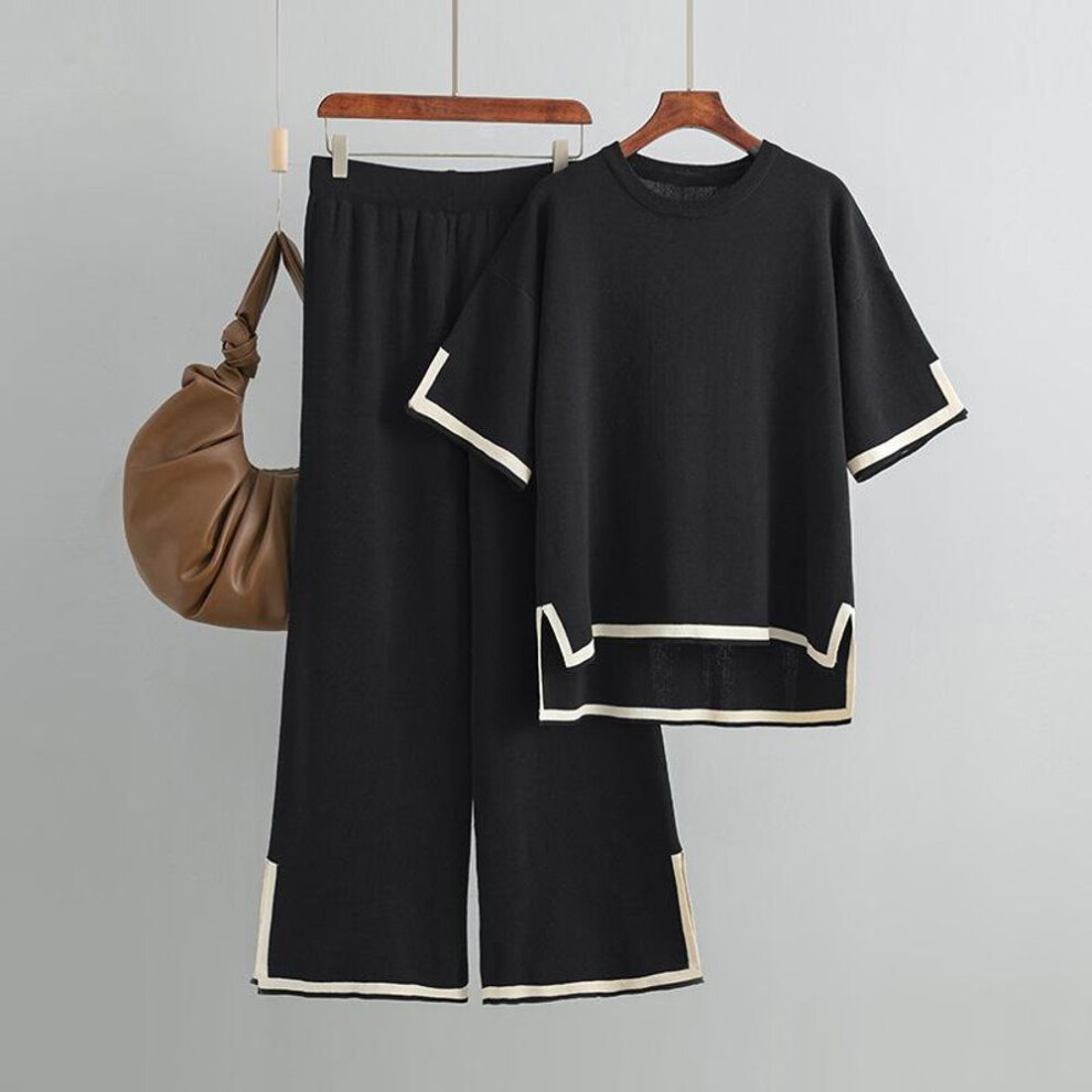 (black, One size) New Fashion Sweater Set Temperament Contrast Color Split Short-sleeved Knitwear + High Waist Slimming Wide-leg Trousers Long Pants Two-piece Set