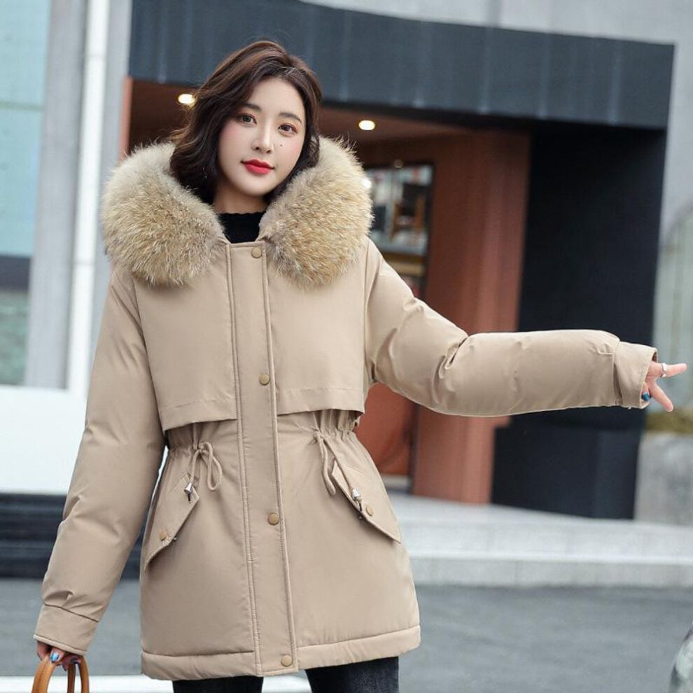 (khaki, XL) Women&apos;s Winter Plus Velvet Large Fur Collar Slim Slimming Mid-length Cotton Jacket M-3XL