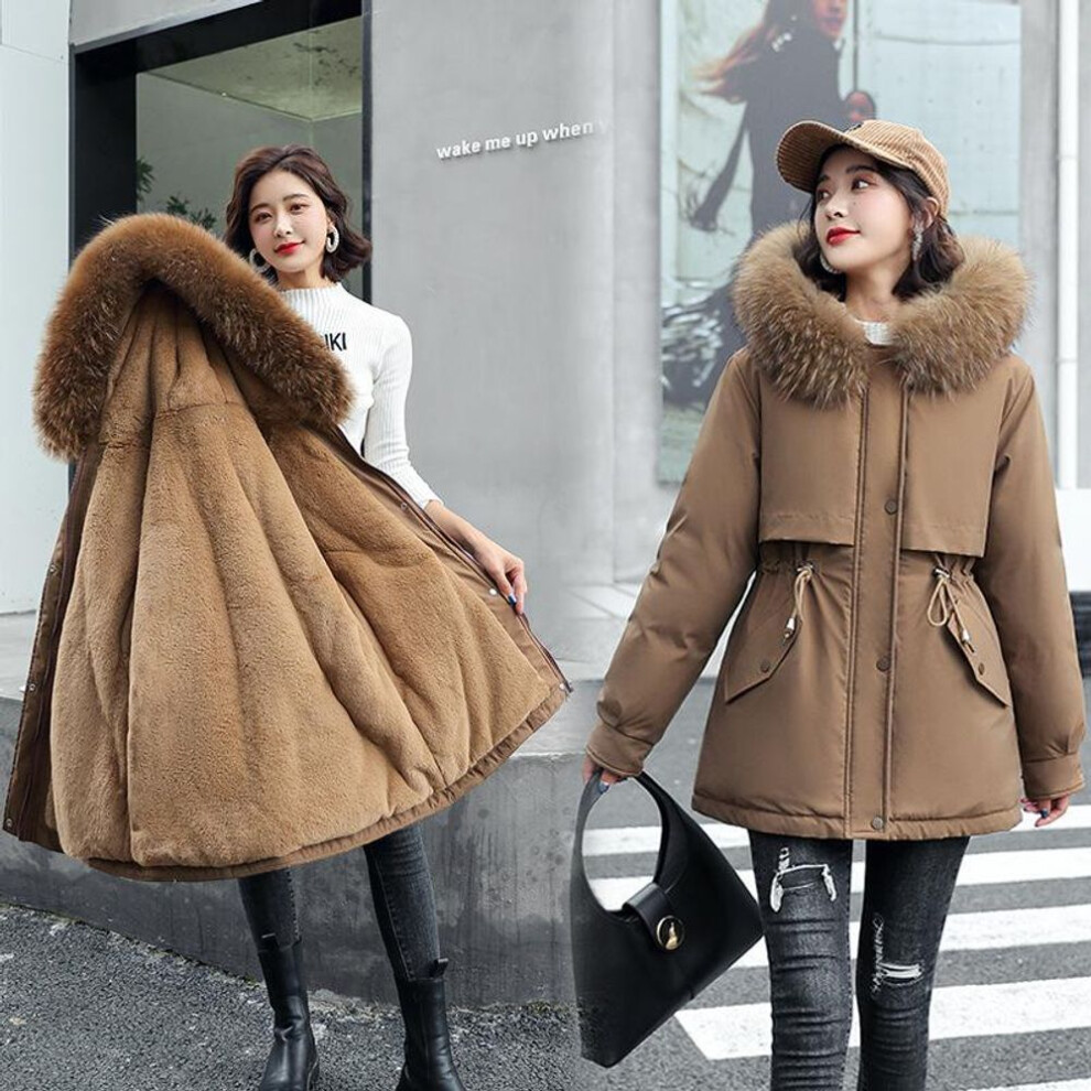 (coffee, M) Women&apos;s Winter Plus Velvet Large Fur Collar Slim Slimming Mid-length Cotton Jacket M-3XL