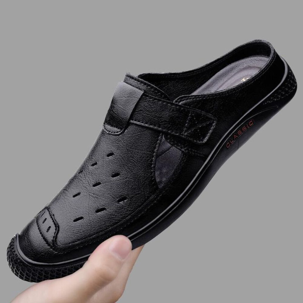 (black, 42) Summer Genuine Leather Shoes Men Half Slippers Business Dress Men Sandals