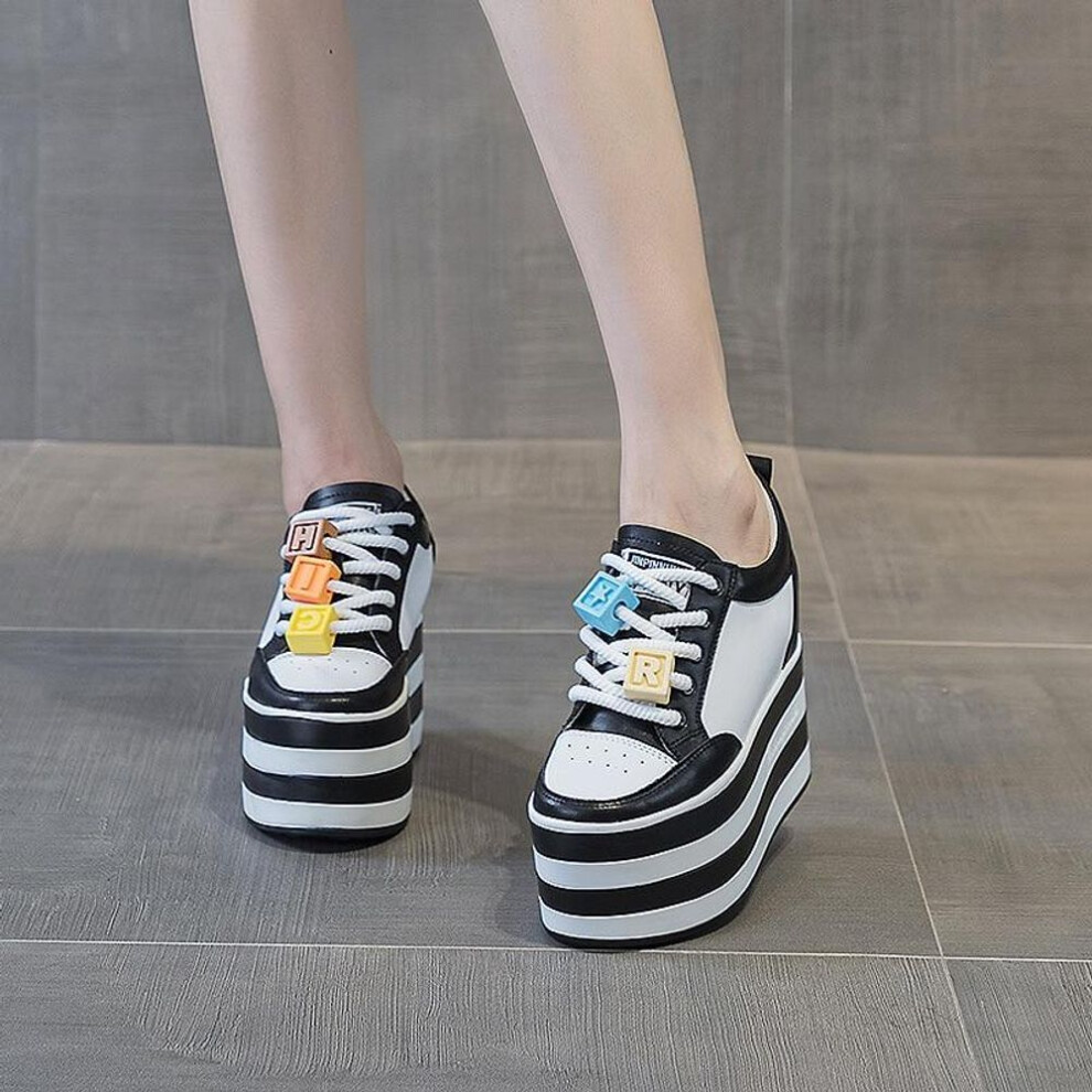 (black, 33) Fujin 12cm Cow Genuine Leather Women Autumn Spring Fashion Hidden Heels Ladies Platform Wedge Chunky Sneakers Thick Soled Shoes