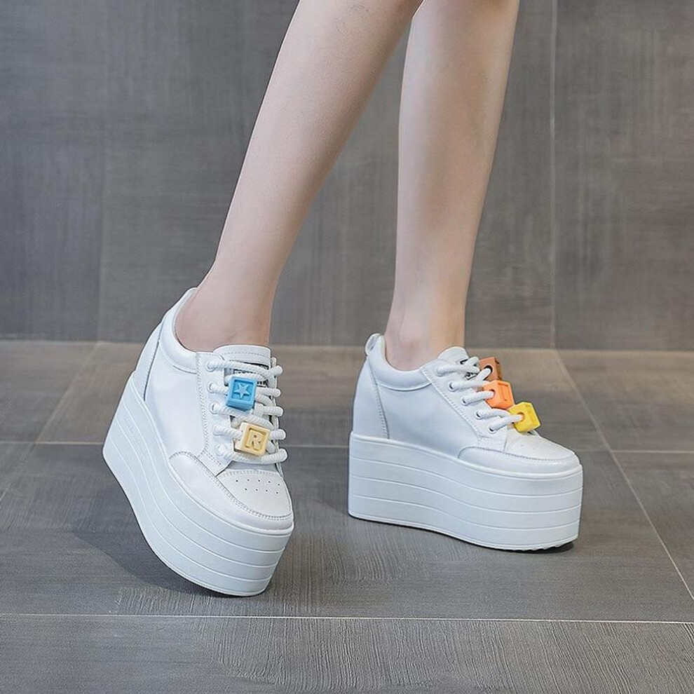 (white, 39) Fujin 12cm Cow Genuine Leather Women Autumn Spring Fashion Hidden Heels Ladies Platform Wedge Chunky Sneakers Thick Soled Shoes