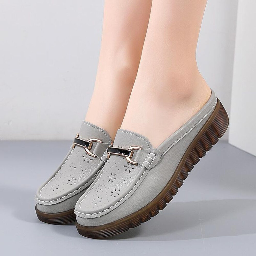 (grey, 35) Women Slide Slippers Soft Mules Loafers Slip on Casual Elegant Summer Breathable Leather Black Moccasin Shoes