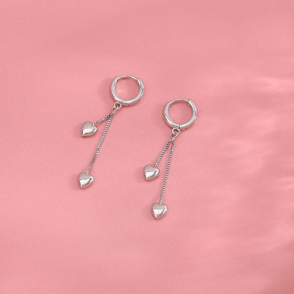 (Silver) s925 Silver Double Tassel Heart Drop Earrings for Women Fashion Party Jewelry Girls  Best Friend Gifts