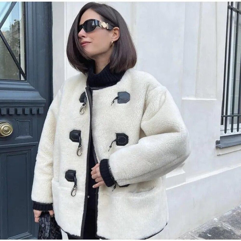 (beige, XL) Fur Winter Thick Jackets For Women Elegant Long Sleeve Single Button Female Coat Flecce O-neck Casual Lady Panelled Overcoat