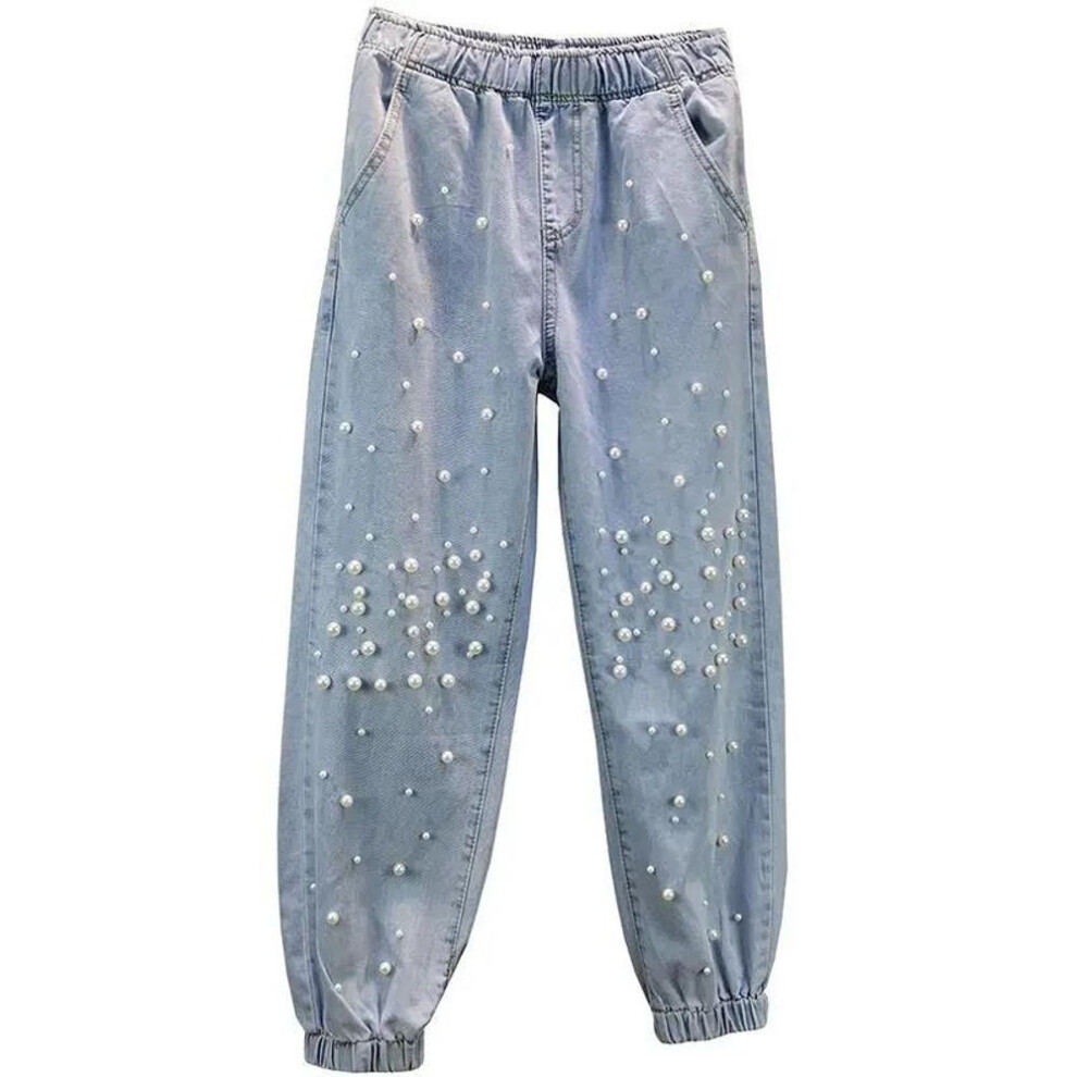 (blue, XXXL) Women's Autumn and Winter Light Blue Large Size Jeans Female Elastic Waist Casual Loose Pearl Long Jogger Pants