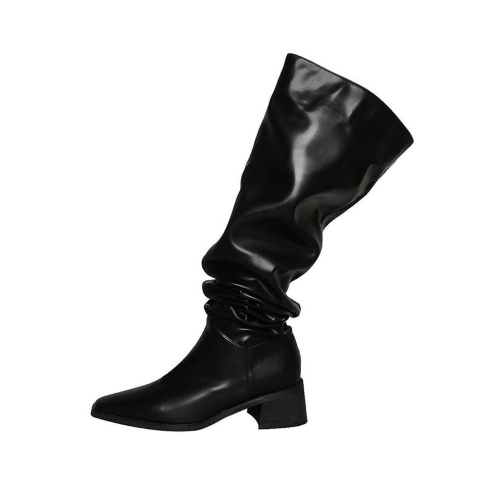 (black, 37) Meotina Women Over-the-Knee Boots Square Toe Thick Mid Heels Pleated Long Boot Ladies Fashion Shoes Autumn Winter Beige Black 40