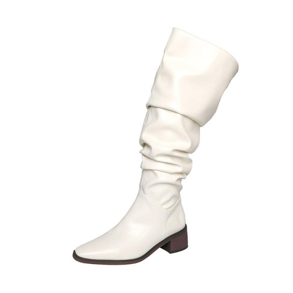 (beige, 40) Meotina Women Over-the-Knee Boots Square Toe Thick Mid Heels Pleated Long Boot Ladies Fashion Shoes Autumn Winter Beige Black 40