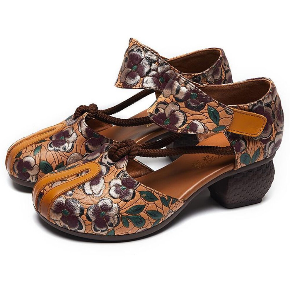(orange, 36) 2023 New Women Sandals Summer Genuine Leather Print Thick Heels Sandals Retro Style Round Toe Casual High Heel Shoes