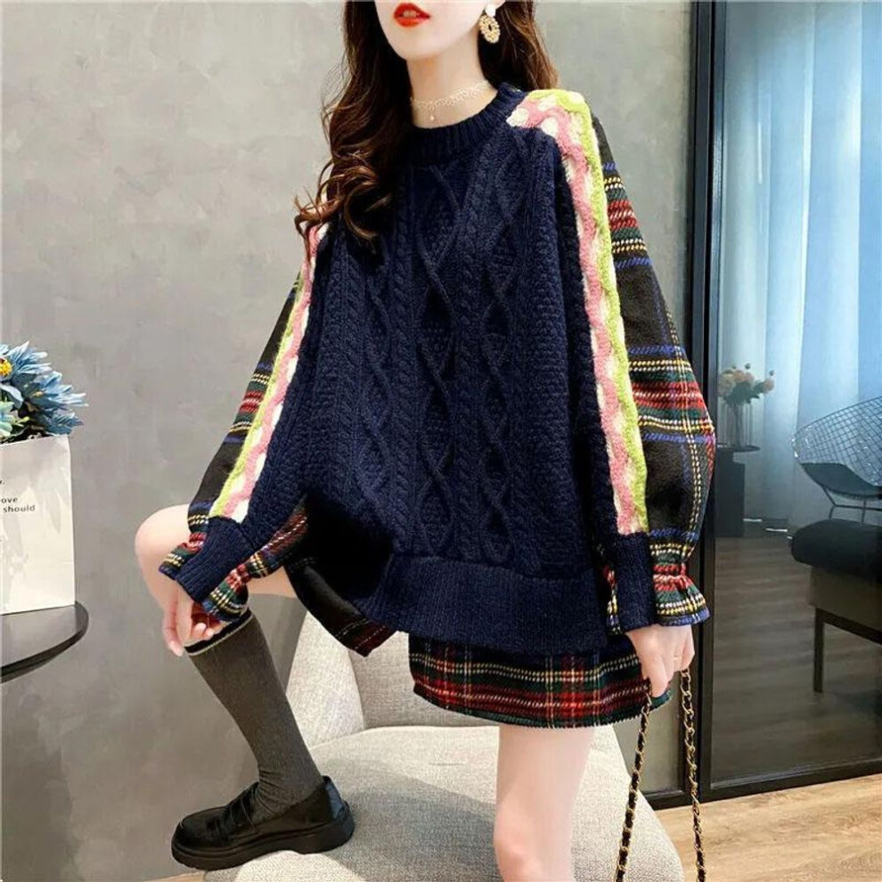 (blue, L) Sweater Women Autumn and Winter Pullover Loose Casual Tops Versatile and Comfortable Large Size Knit Sweater