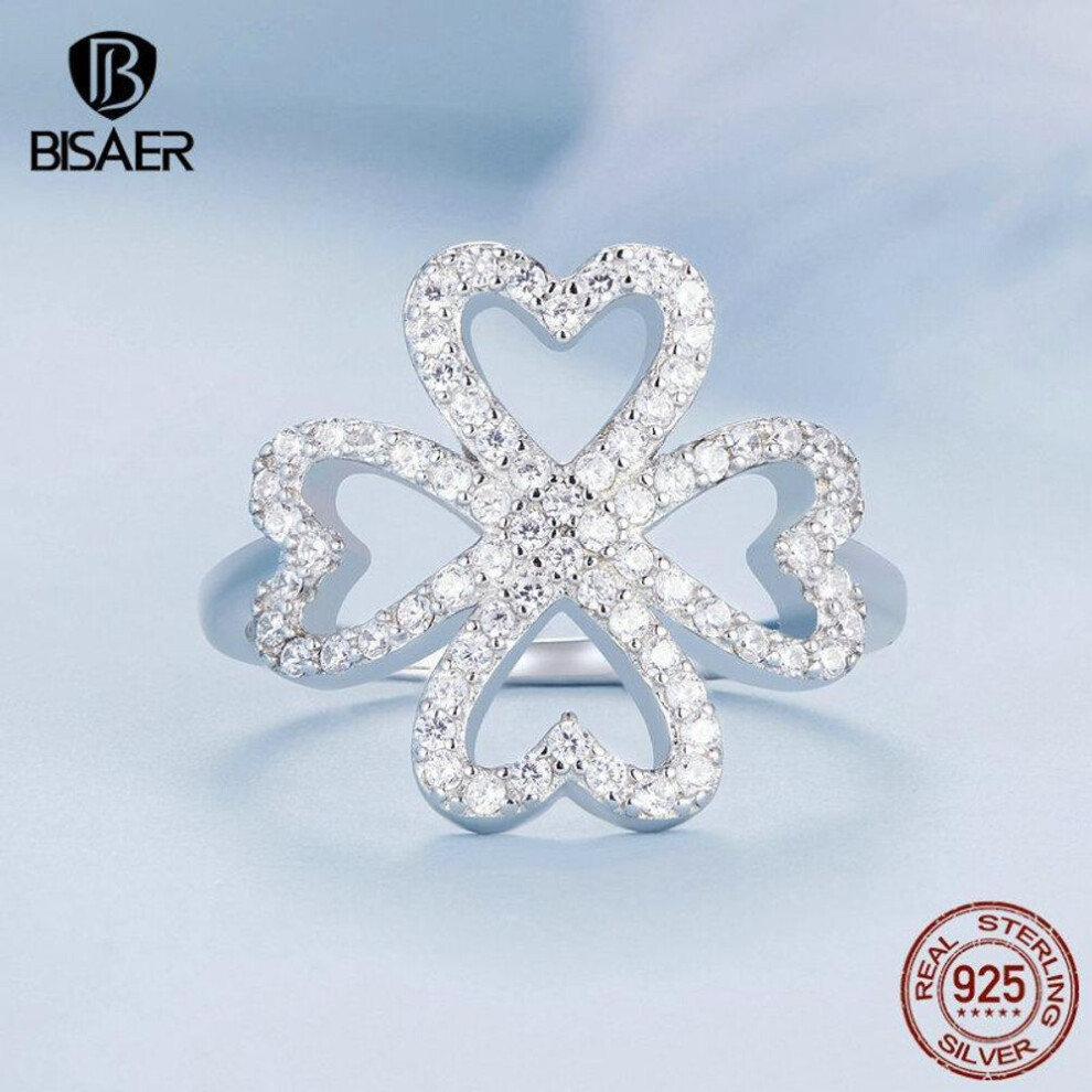 (7) BISAER 925 Sterling Silver Four-leaf Promise Rings Pave Setting Zircon Ring Plated Platinum Luxury Fine Jewelry for Luck Women