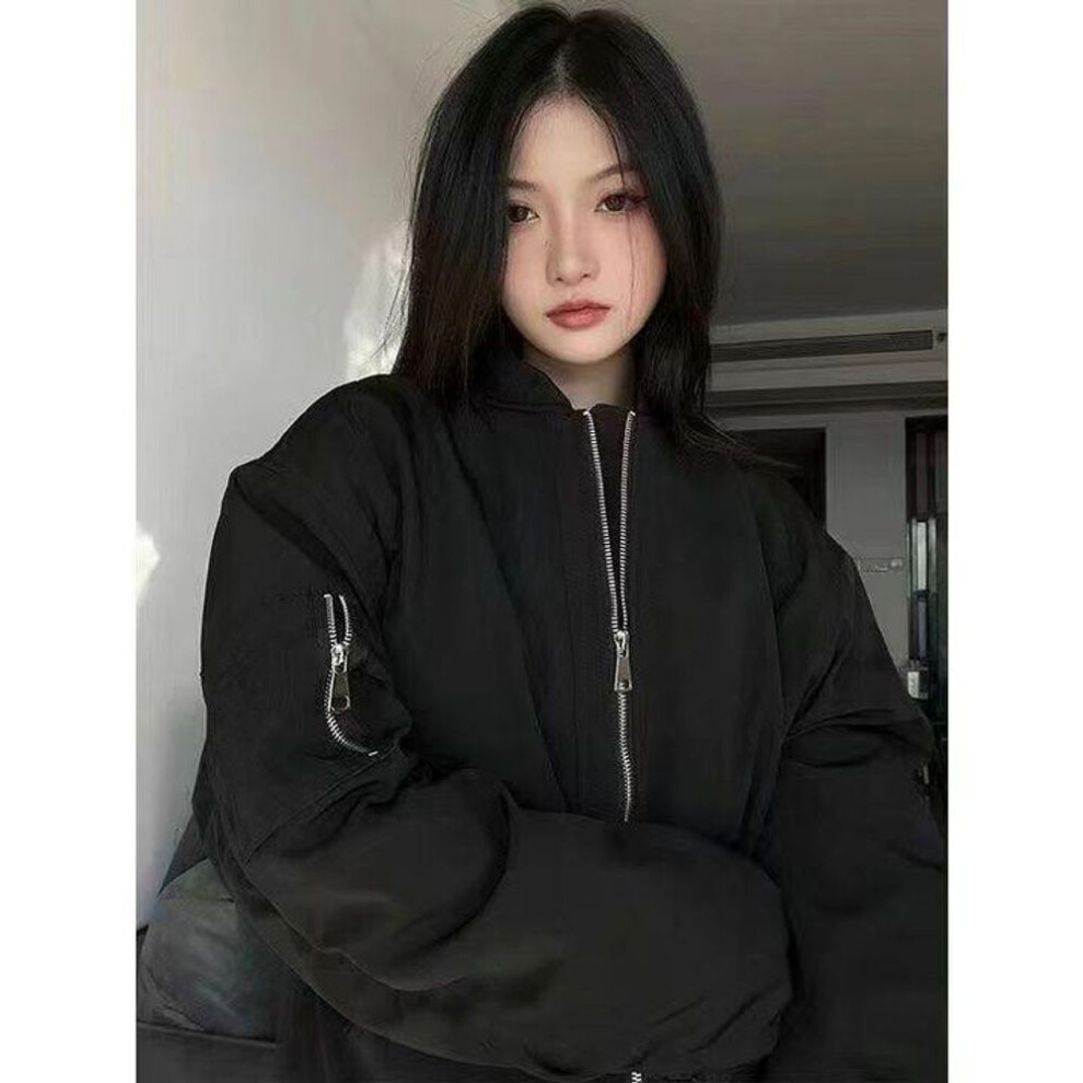 (black, S) Harajuku Style Bomber Jacket Women Y2k Vintage Oversize Zipper Japanese Fashion Aviator Jackets Streetwear Baseball Top
