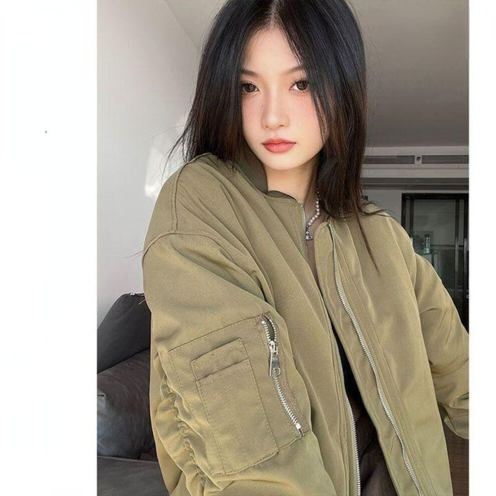 (green, XL) Harajuku Style Bomber Jacket Women Y2k Vintage Oversize Zipper Japanese Fashion Aviator Jackets Streetwear Baseball Top