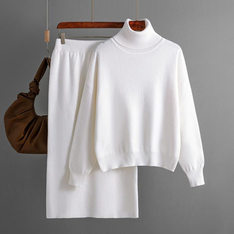 (white, One Size) Fall Winter Lazy Wind Loose Turtleneck Pullover Sweater Suit Women's Solid Color Long Sleeve Knit Middle Length Skirt Two Piece Set