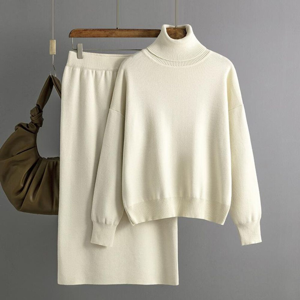 (apricot, One Size) Fall Winter Lazy Wind Loose Turtleneck Pullover Sweater Suit Women's Solid Color Long Sleeve Knit Middle Length Skirt Two Piece Set
