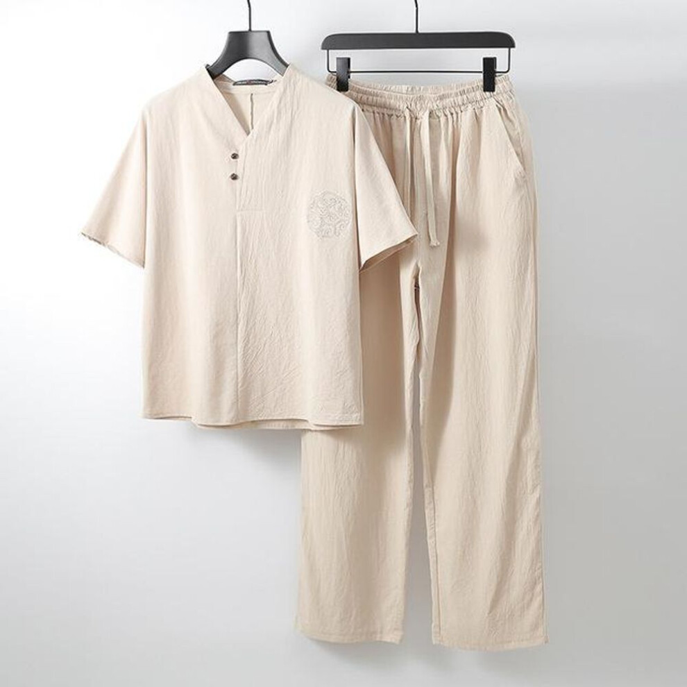(ivory, 7XL) Men&apos;s Clothing Large Size Tracksuit Husband Summer Suit Linen T-shirt Fashion Male Set Chinese Style Plus Two Piece