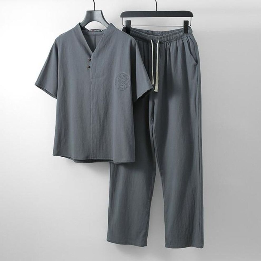 (grey, XXXXXL) Men&apos;s Clothing Large Size Tracksuit Husband Summer Suit Linen T-shirt Fashion Male Set Chinese Style Plus Two Piece
