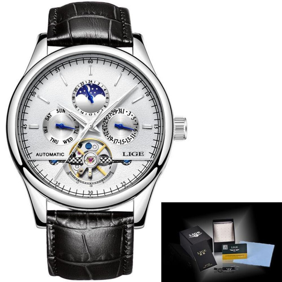(Silver White) LIGE Fashion Watch  Brand leather Watch Automatic Men Wristwatch Men Mechanical Steel Watches