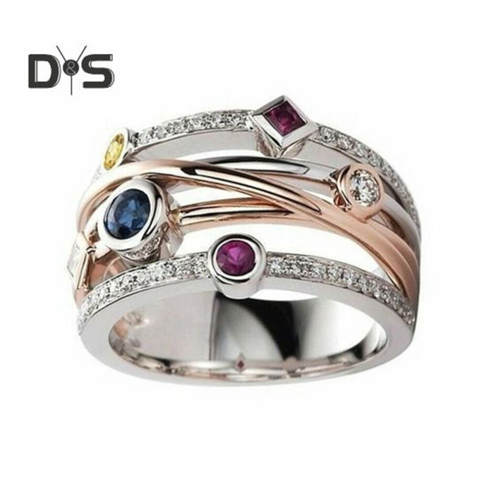(golden, US 10) Women Finger Ring Colorful Geometric Cubic Zirconia Stackable Finger Band Polished Party Wedding Ring Jewelry Accessory