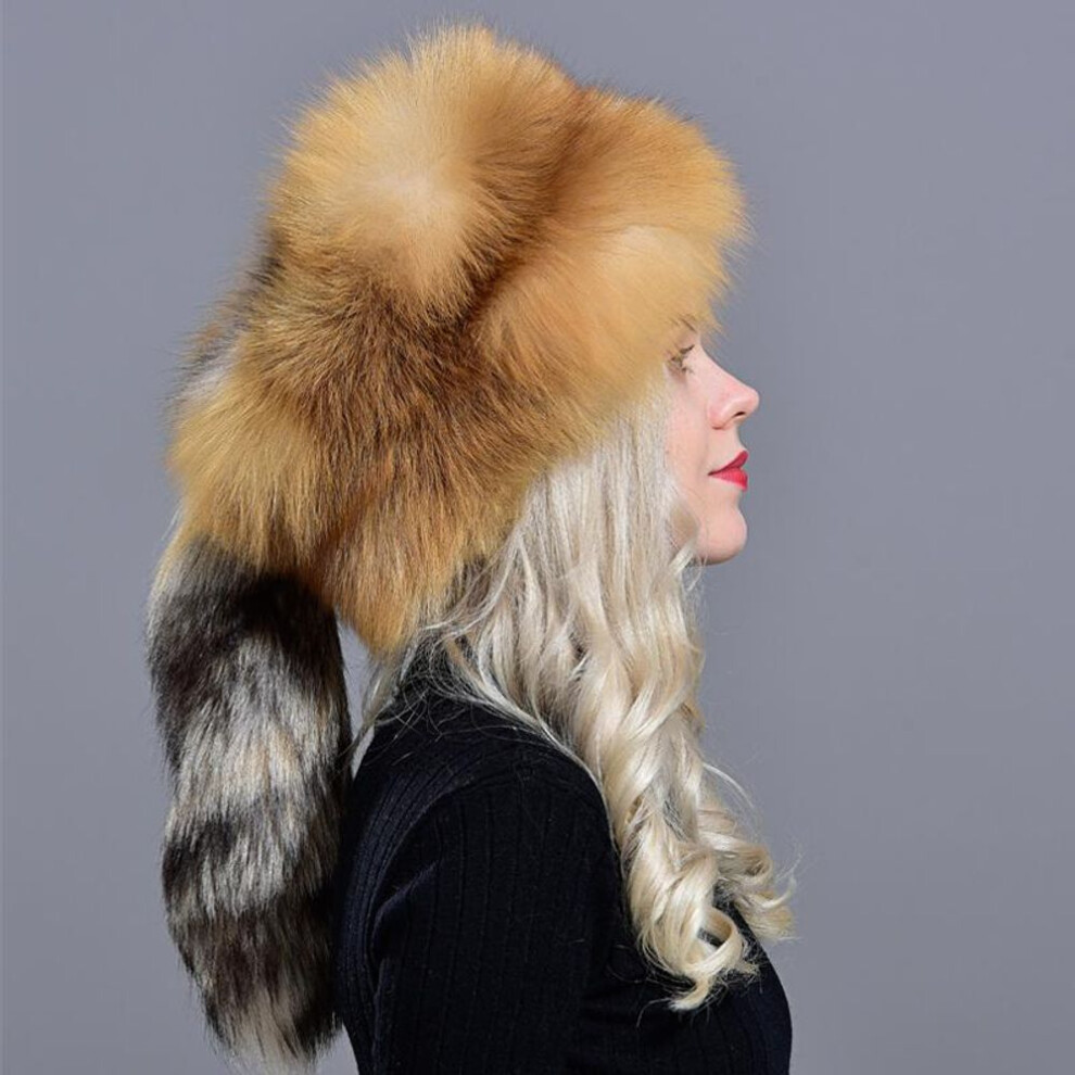 (gold) Fox Fur Hats For Women Winter Fashionable Stylish Thick Warm Beanie Hat Natural Fluffy Fur Hat With Tail