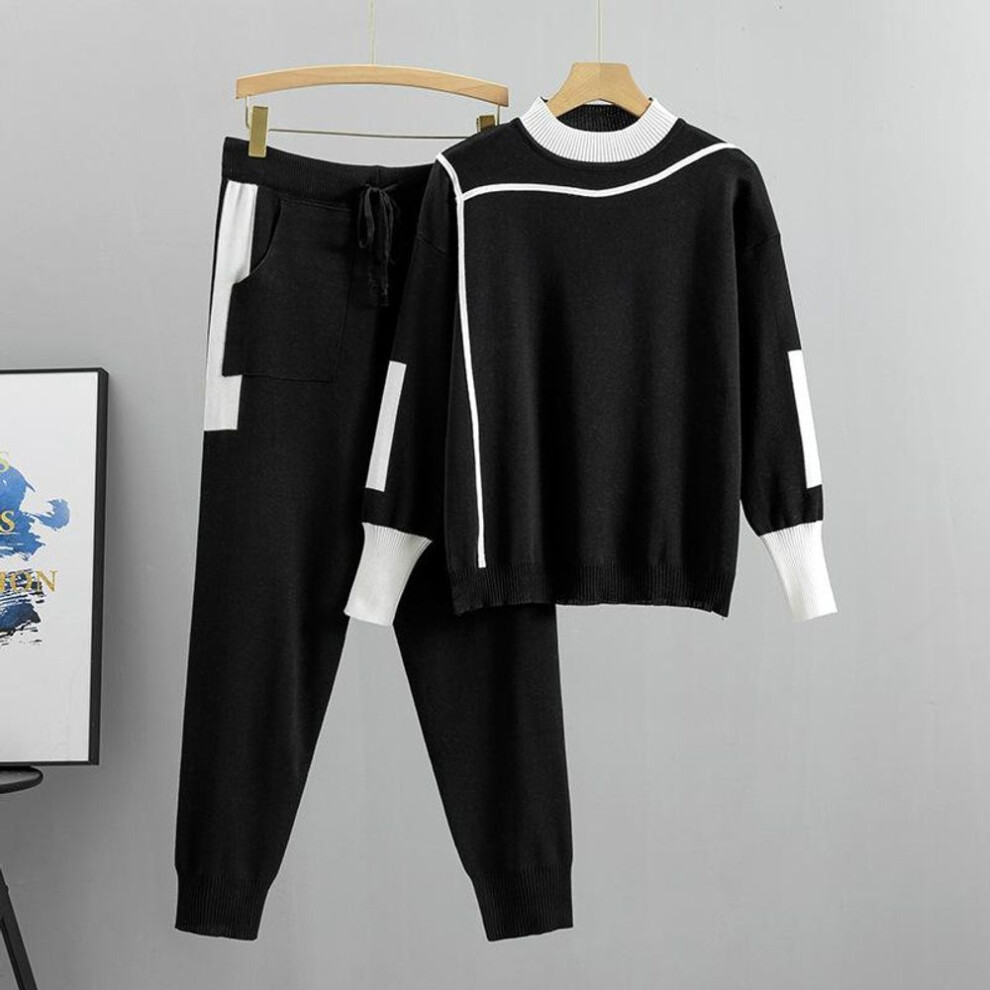 (black, XXXL) Spring and Autumn Women&apos;s Knit Set Fashion Temperament Casual Knit Top Pants Two Piece Set