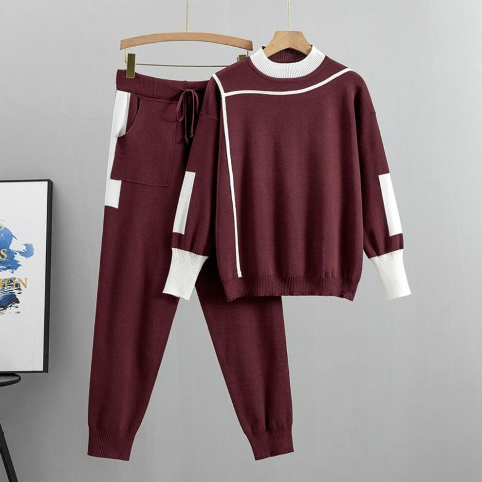 (burgundy, XXL) Spring and Autumn Women&apos;s Knit Set Fashion Temperament Casual Knit Top Pants Two Piece Set