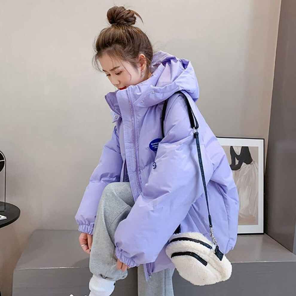 (purple, L) Winter New Down Cotton Jacket Ladies Korean Loose Thick Hooded Long-sleeved Candy-colored Warm Parka Coat