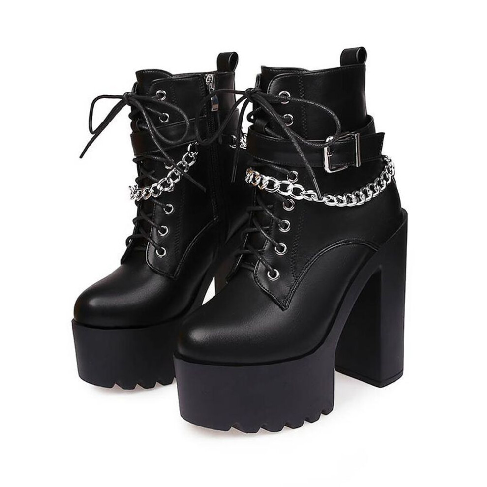 (black, 38) Gothic Buckle Strap Ankle Boots Women Faux Leather Platform Block Chunky Heels Chain Ultra High Heels Motorcycle Boots