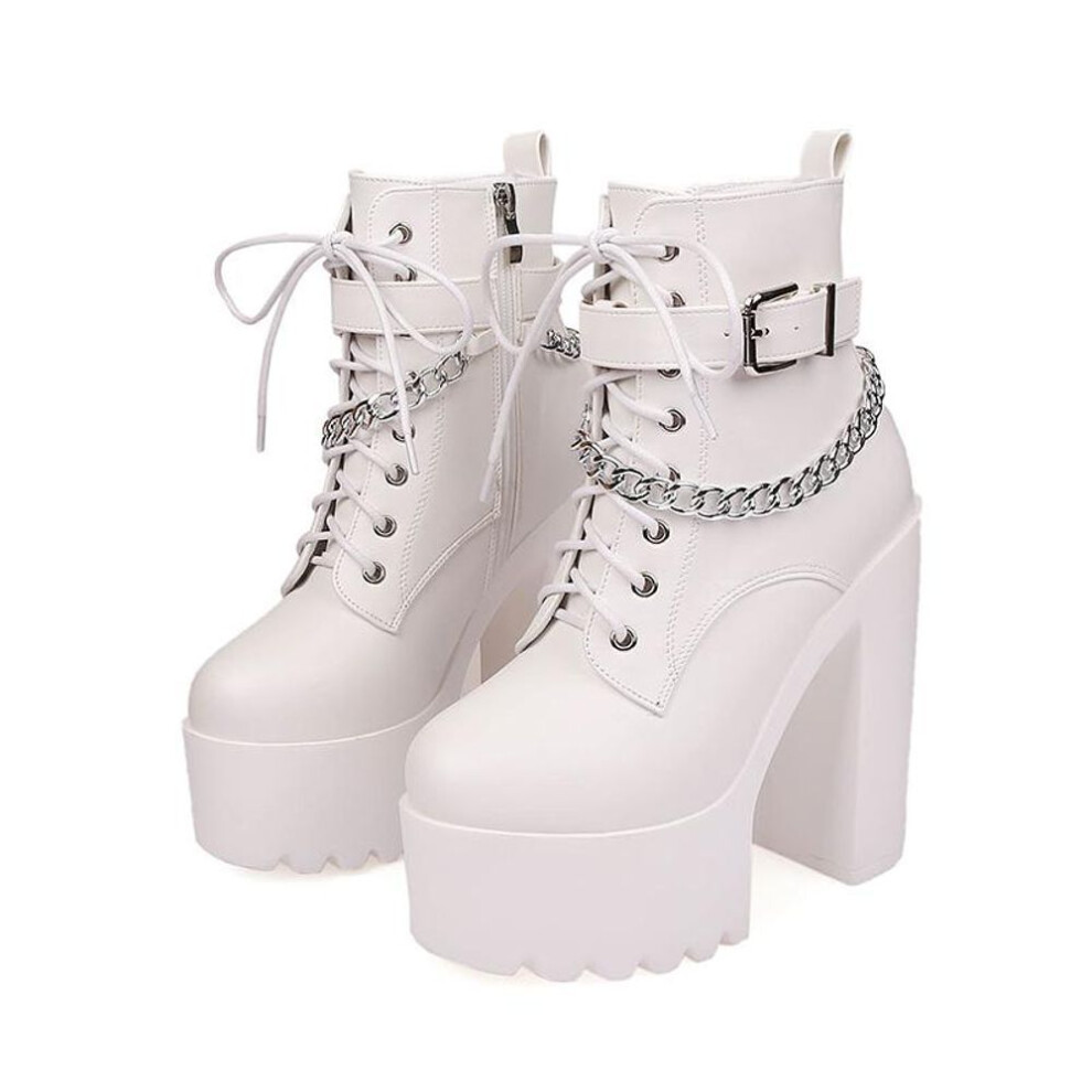 (white, 34) Gothic Buckle Strap Ankle Boots Women Faux Leather Platform Block Chunky Heels Chain Ultra High Heels Motorcycle Boots