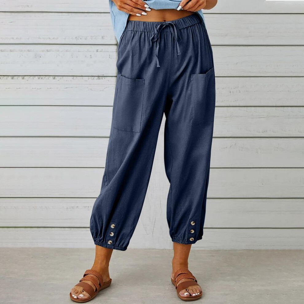 (navy blue, 3XL) Vintage Boho Cotton Linen Pants for Women Summer Pockets Thin Beach Trousers Woman Casual High Waist Loose Harem Pants