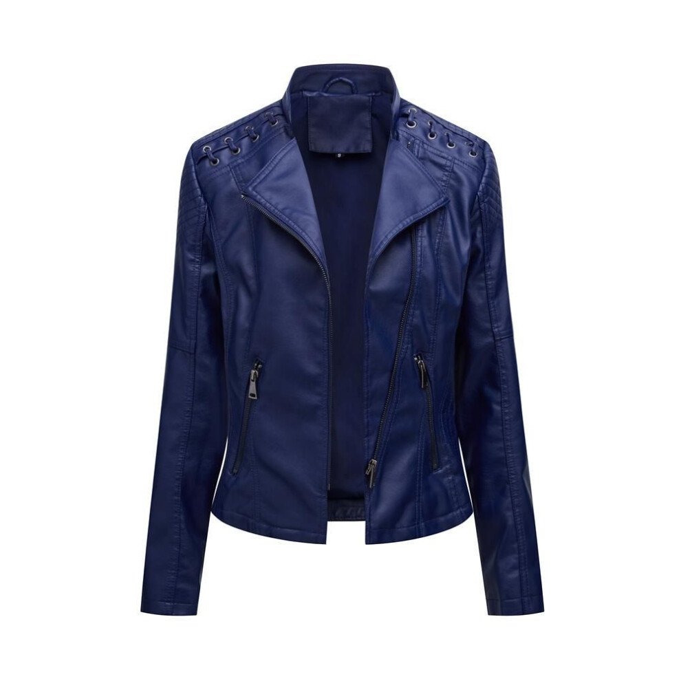 (navy blue, XXXL) Women Fashion Lace-up Leather Jacket Slim Fit Spring Autumn Motorcycle Jacket Zipper Jacket