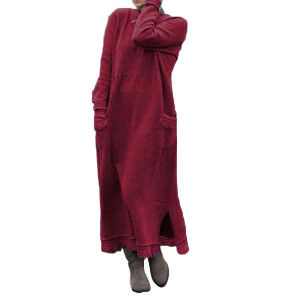 (wine red, XXL) Tambov Autumn Winter Long Sleeve Lacework Hem Plus Size Knit Maxi Dress