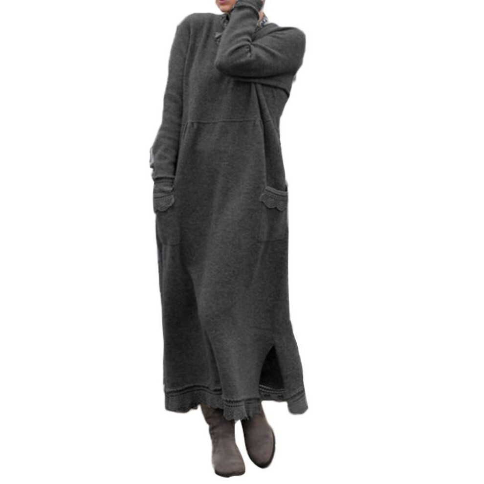(grey, XXXXL) Tambov Autumn Winter Long Sleeve Lacework Hem Plus Size Knit Maxi Dress
