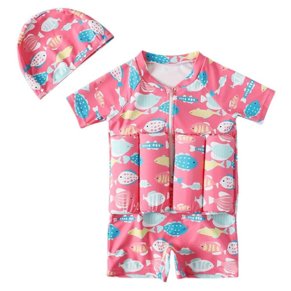 (100) Kids Toddler Girls Floatation Swimsuit Buoyancy Cute Cartoon Fish Float Suit Short Sleeve Rashguard One Piece Swimwear Bathing Suit with Cap 2-9T