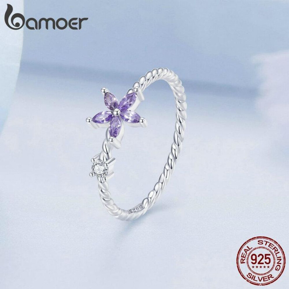 (7) BAMOER 925 Sterling Silver Delicate Purple Zircon Dainty Flower Ring for Women Simple and Fashionable Rings
