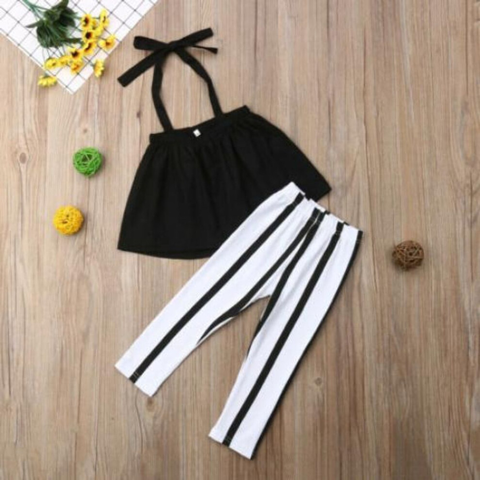 (black, 90) Fashion Toddler Kids Baby Girls Clothes Strap Tops + Stripe Leggings Outfits Set
