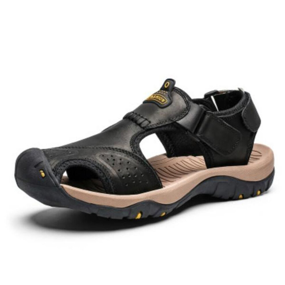 (black, 41) Men Sandals Genuine Split Leather Men Beach Roman Sandals Brand Men Casual Shoes Flip Flops Men Slippers Sneakers Summer Shoes